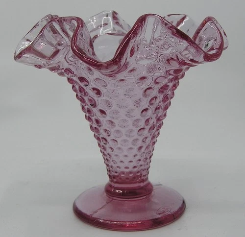 Fenton Clear Pink Glass Hobnail Ruffled Trumpet Vase With Base ~ 3 3/4" Tall