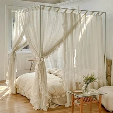 Linen Canopy Bed Curtains,Bed Canopy Curtains Bed Drapes Sheer Curtains for B...