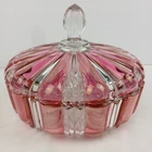 Vintage Anchor Hocking Candy Dish Old Cafe Red Striped Cranberry Glass with Lid