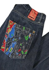 Akcess Jeans Mens 38x34 Blue Y2k Streetwear Hiphop Embroidered Dark Wash Denim Akcess Jeans Mens 38x34 Blue Y2k Streetwear Hiphop Embroidered Dark Wash Denim