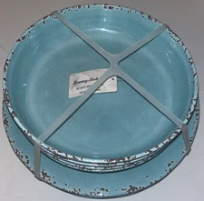 Tommy Bahama 8 pc CRACKLE TURQUOISE DINNER PLATES & SERVING BOWLS Melamine