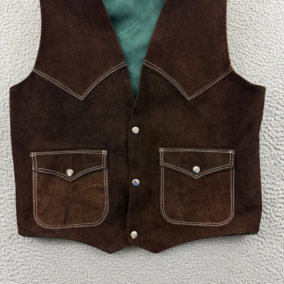 Vintage Suede Leather Vest Mens Large 80s Brown Snap Western Rodeo Cowboy USA - Image 2 of 4