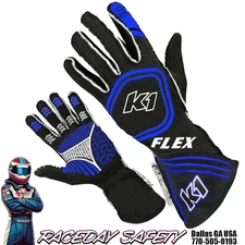 K1 RaceGear Flex SFI 3.3/5 Auto Race Gloves Black/Blue Youth and Adult Sizes
