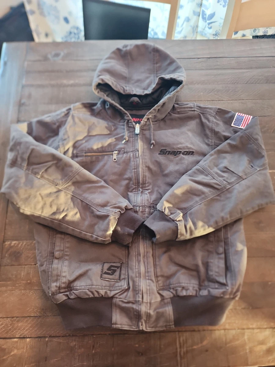 Snap On Tools Full Zip Gray Canvas Work Jacket Quilt Lined Size Large Patches