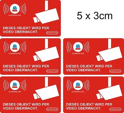 EASYDRUCK24.DE 5 Stück Aufkleber Alarmanlage, Video überwacht, Fenster, 5 x 3 cm, innenklebend