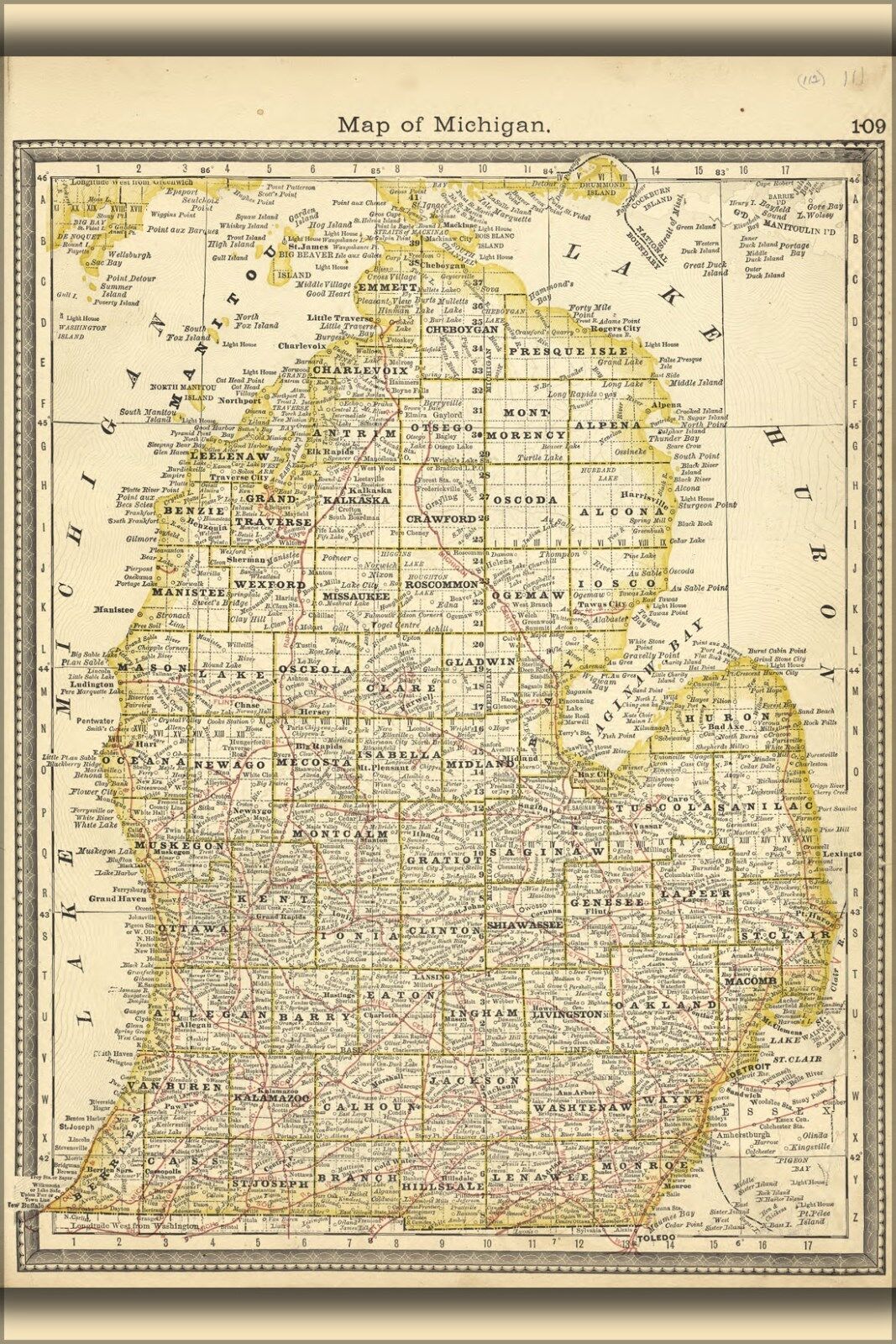 Poster, Many Sizes; Map Of Michigan Lower Peninsula 1881 Popularność, wyprzedaż