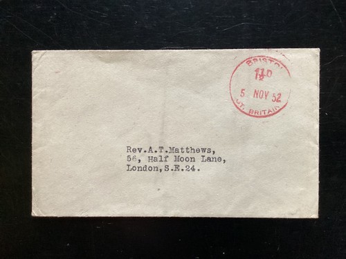 GB 1952 QEII 1.5d Bristol postage paid handstamp in red on cover (PM528)