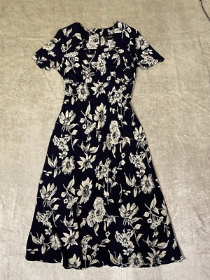 90s sun dress Vintage 90s Floral Maxi Sun Dress Navy Blue