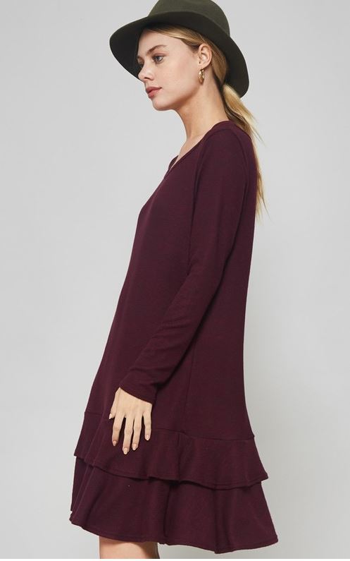 Burgundy ruffled dress midi soft brush fabric | eBay