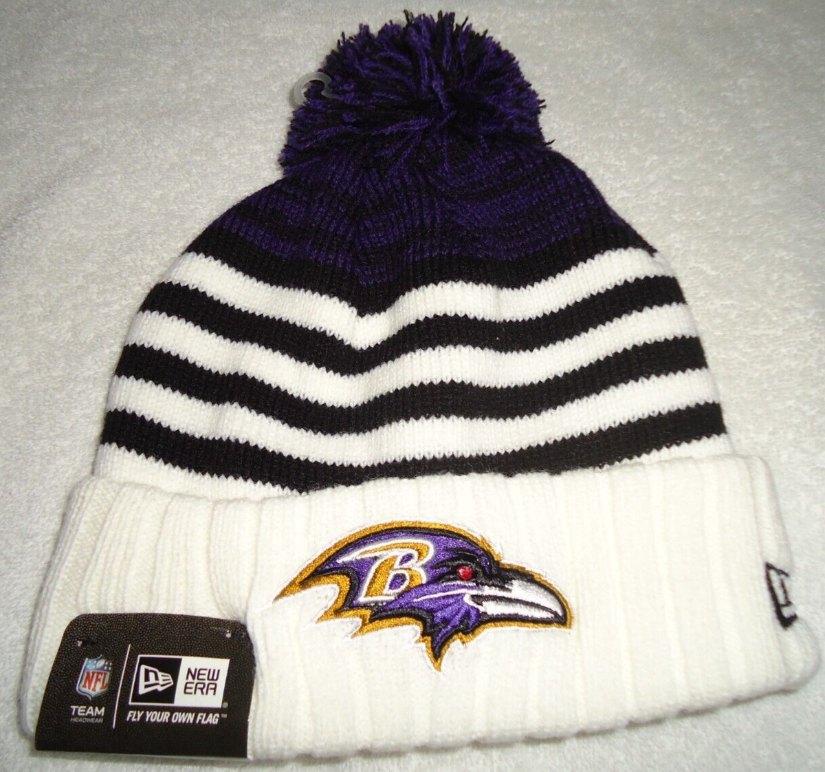 BALTIMORE RAVENS NEW ERA CUFFED KNIT BEANIE HAT/CAP WITH POM NEW WITH TAGS