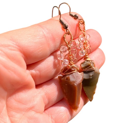 Jasper Arrowhead Earrings • Copper Wire Wrap • Native American Inspired Jewelry - Picture 2 of 7