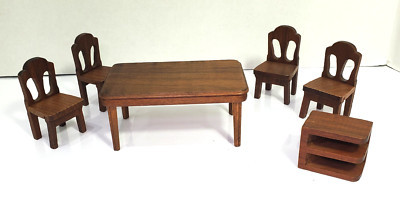 Vintage Strombecker Dollhouse Dining Room Table Chairs Side Table Wood Lot of 5