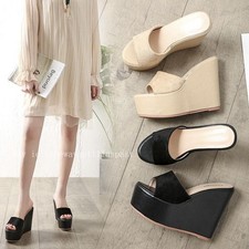 Women's Leisure Slippers Wedge High Heels Mules Peep Toe Sandals Platform Shoes