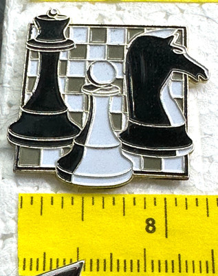 Chess Queen White Pawn, and Black Knight on Chessboard Enamel Lapel  Tack Pin 