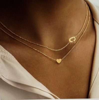 2Pcs/Set Classic Stainless Steel Heart Initial Pendant Necklaces For Women Gold 