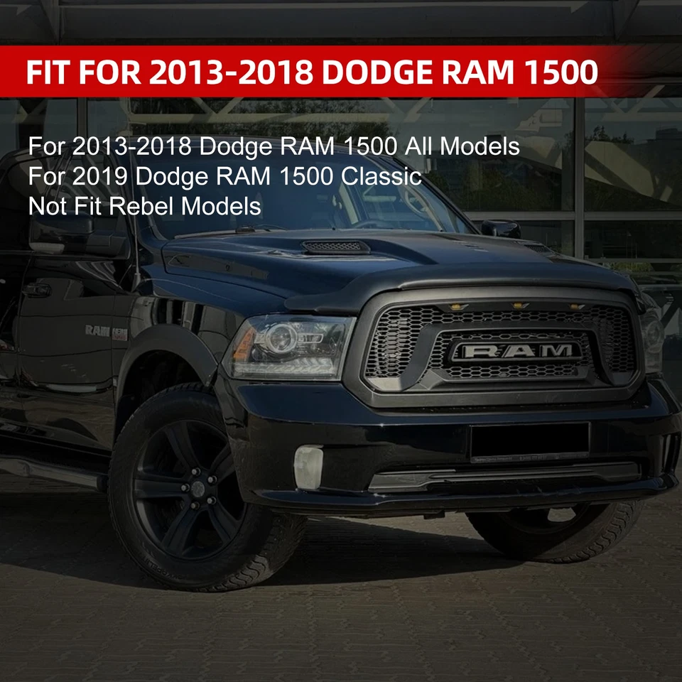 Grill for 2013-2018 Dodge Ram 1500 Front Grille Upper Bumper Mesh + Letters LED Foto 3 de 4