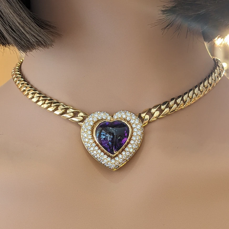 Heart Amethyst and Diamond Pendant Choker Necklace in 18k Yellow Gold-HM2280EB