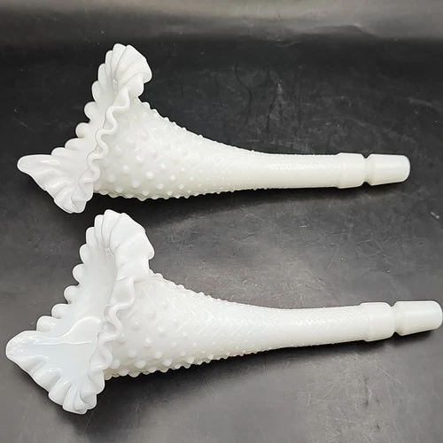 Vintage Fenton White Milk Glass Diamond Hobnail Pattern Epergne Horns (2)  8.5"