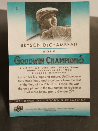 2021 Upper Deck Goodwin Champions - Bryson DeChambeau #5 🔥RC🔥 Golf ⛳ - Picture 3 of 3