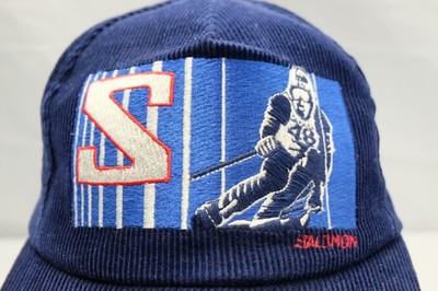 SALOMON 1980's Corduroy Blue Skiing Snap Back Cap Hat Embroidered
