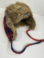 J.Crew Trapper Hat  Buffalo Plaid Red & Black Faux Fur Lining Small