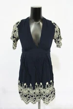 Sadie & Sage Womens Embroidered Detail Plunge Neck Mini Dress LV5 Navy Small NWT