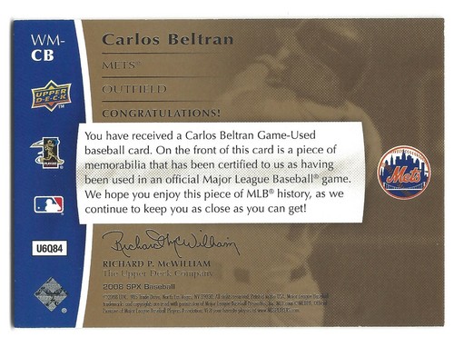 Carlos Beltran 2008 SPx Winning Materials MLB 002/125 Card# WM-CB - Picture 4 of 4