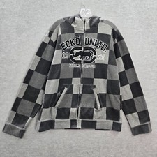 Ecko Unltd Men Sweatshirt L Gray Check Hooded Logo Hip Hop Streetwear Y2K READ