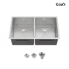 COZY Stainless Steel Kitchen Sink, 33" Double Bowl Brush Nickel Undermount