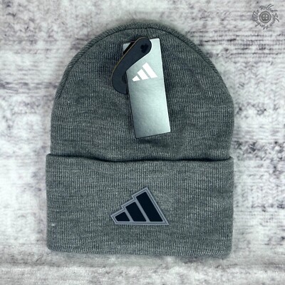 NWT Adidas Men's Postseason Fold Beanie Grey & Black - Rubberized Logo #IV2999