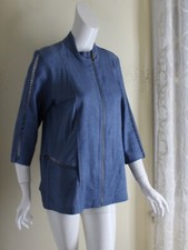 Multiples Sz M Blue Lux Designer Cut-away 3/4 Zip Up Blazer Jacket Linen Stretch