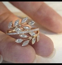 Shiny Zircon Crystal Luxury Gold Plated Leaf Design Ring For Women size 7