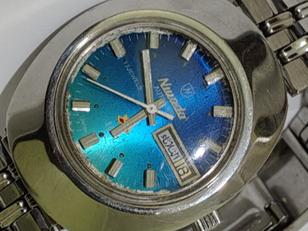 RARE NIVADA 101 AUTOMATIC 91454 BLUE DIAL VINTAG SWISS STAINLESS