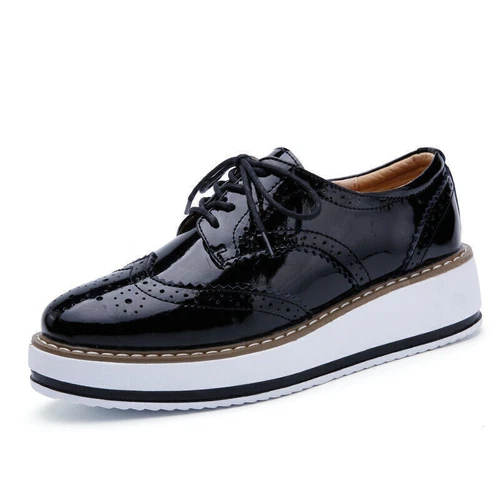 Womens Brogues Oxfords Pumps Platform Creeper Lace Up Wingtip Wedge Heel Shoes - Picture 13 of 28