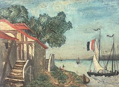 Bretagne Oder Normandie Öl Auf Karton Marine Schiff Ende XVIII Empire Frankreich