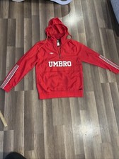 Classic Umbro Premier 1/4 Zip Pull Over Windbreaker W Hood Red White Sz Medium