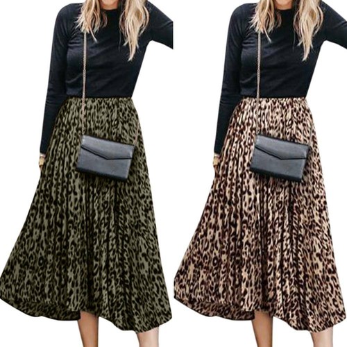 Ladies Leopard Print Pleated Long Skirt 