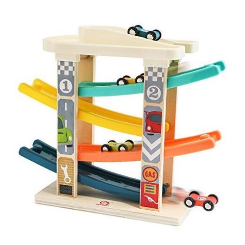 Toddler Wooden Race Track Car Ramp Toys for 1 2 Year Old Baby 4 Car Ramps