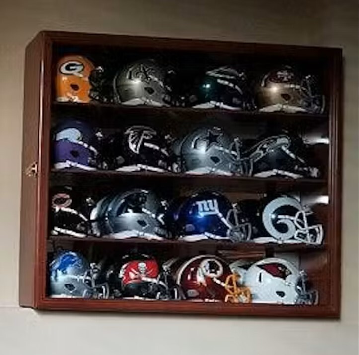 case for vintage football helmet Mini Helmet Display Case 16+ Football Riddell Walnut Wood NFL Cabinet  Shadow Box