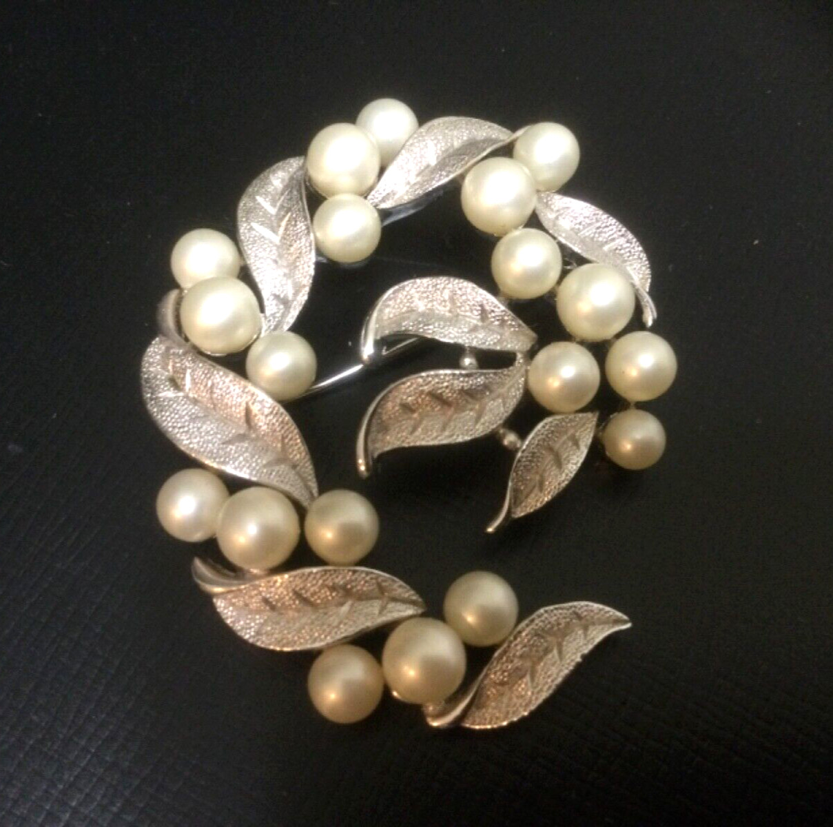 Trifari Brooch Brushed & Polished Swirling Leaves Faux Pearls Crown Mark Vintage