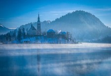 Landscape winter nature cold outdoors frost church Custom Gaming Mat Desk