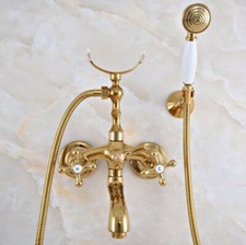 Gold Color Brass Wall Mount Clawfoot Bath Tub Faucet with Hand Shower Mixer Tap