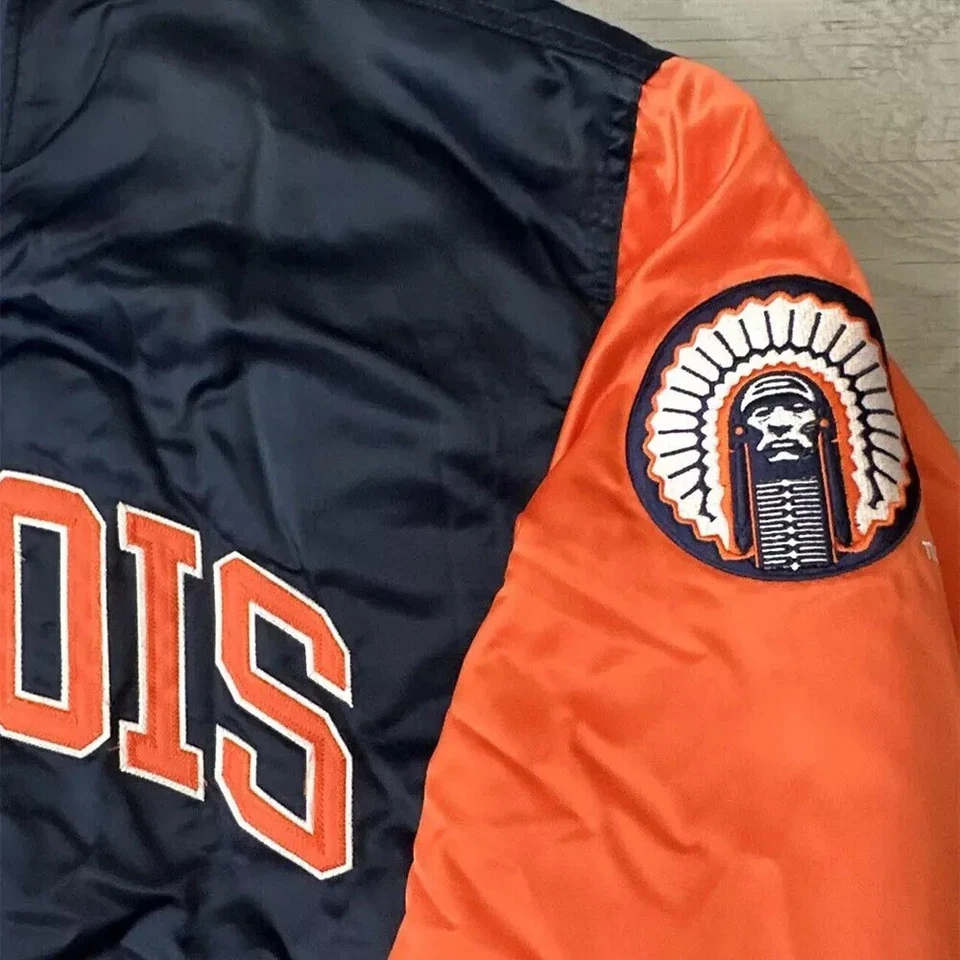 Vintage 90s Illinois Fighting Illini Satin Varsity Bomber Letterman Jacket - Image 3 of 4