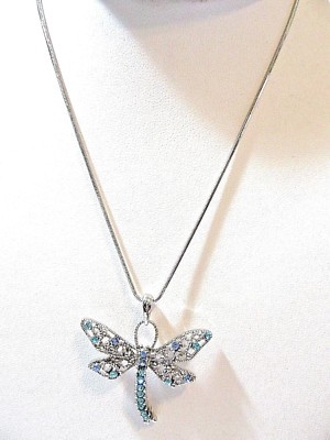 DRAGONFLY PENDANT BLUE PURPLE CRYSTAL FANCY OPEN WORK MODERN NECKLACE INSECT