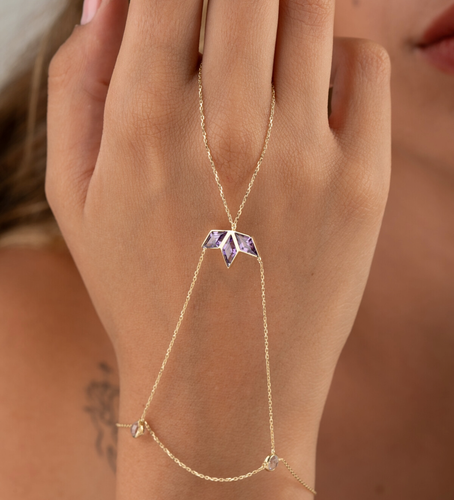 Amethyst Kite Hand Chain Bracelet- 14K Gold Slave Bracelet For Gift Women - Picture 4 of 4