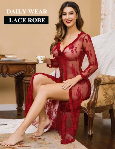 Sexy Camisón Lencería Larga de Encaje Vestido Transparente Ver a Través Kimono - Imagen 37 de 57