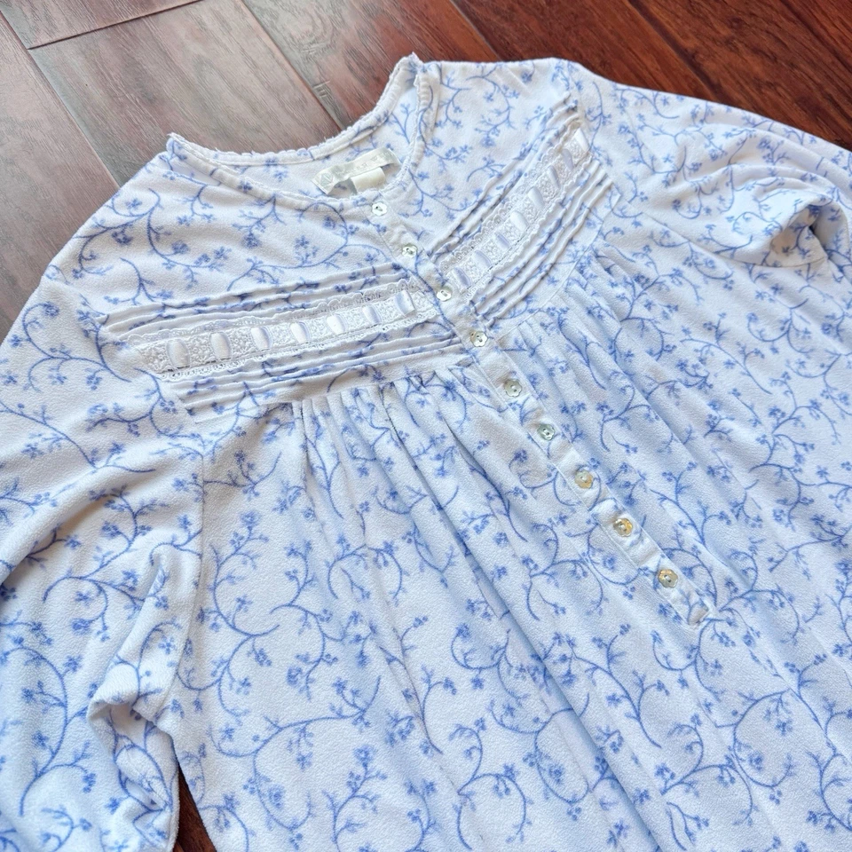 Eileen West 蓝色花卉抓绒睡衣 XL 舒适保暖柔软长袖睡衣 — 第 4/4 张图片