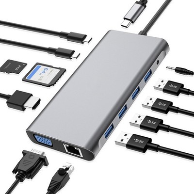 USB-C 12-in-1 Docking Station: 4K HDMI/VGA, USB 3.0, PD 100W, Ethernet, SD/TF