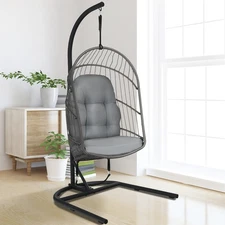 Patiojoy  Foldable Hanging Wicker Egg Chair w/ Stand Cushion Outdoor Indoor Gray