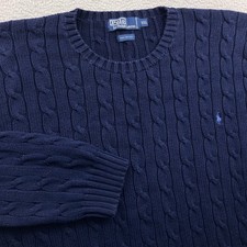 Vintage Polo by Ralph Lauren Cable Knit Sweater Men XXL Navy Blue Crewneck Pony